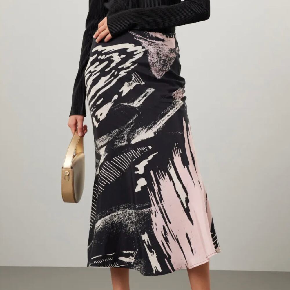 Untitled in Motion Black Bias Cut Midi Skirt XS Designer Career Abstract $262
